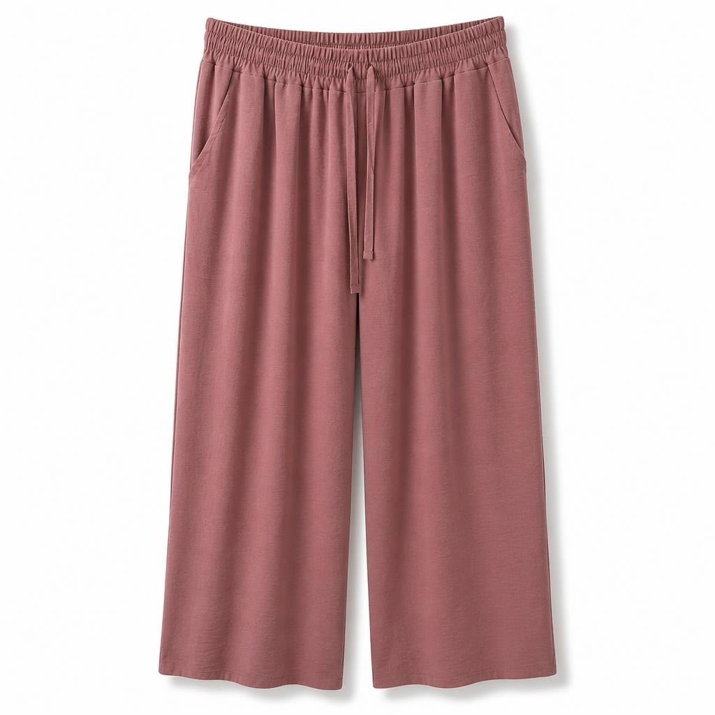 Mauve wide-leg drawstring trousers, no size tag - white studio shot, second-hand at Why Go Less, Dekwaneh, Lebanon