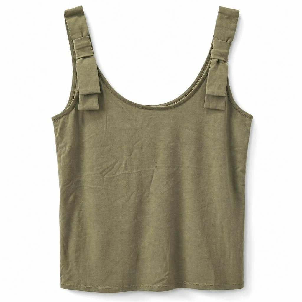 Olive green tank top with shoulder bow detail - white studio shot, second-hand at Why Go Less, Dekwaneh, Lebanon