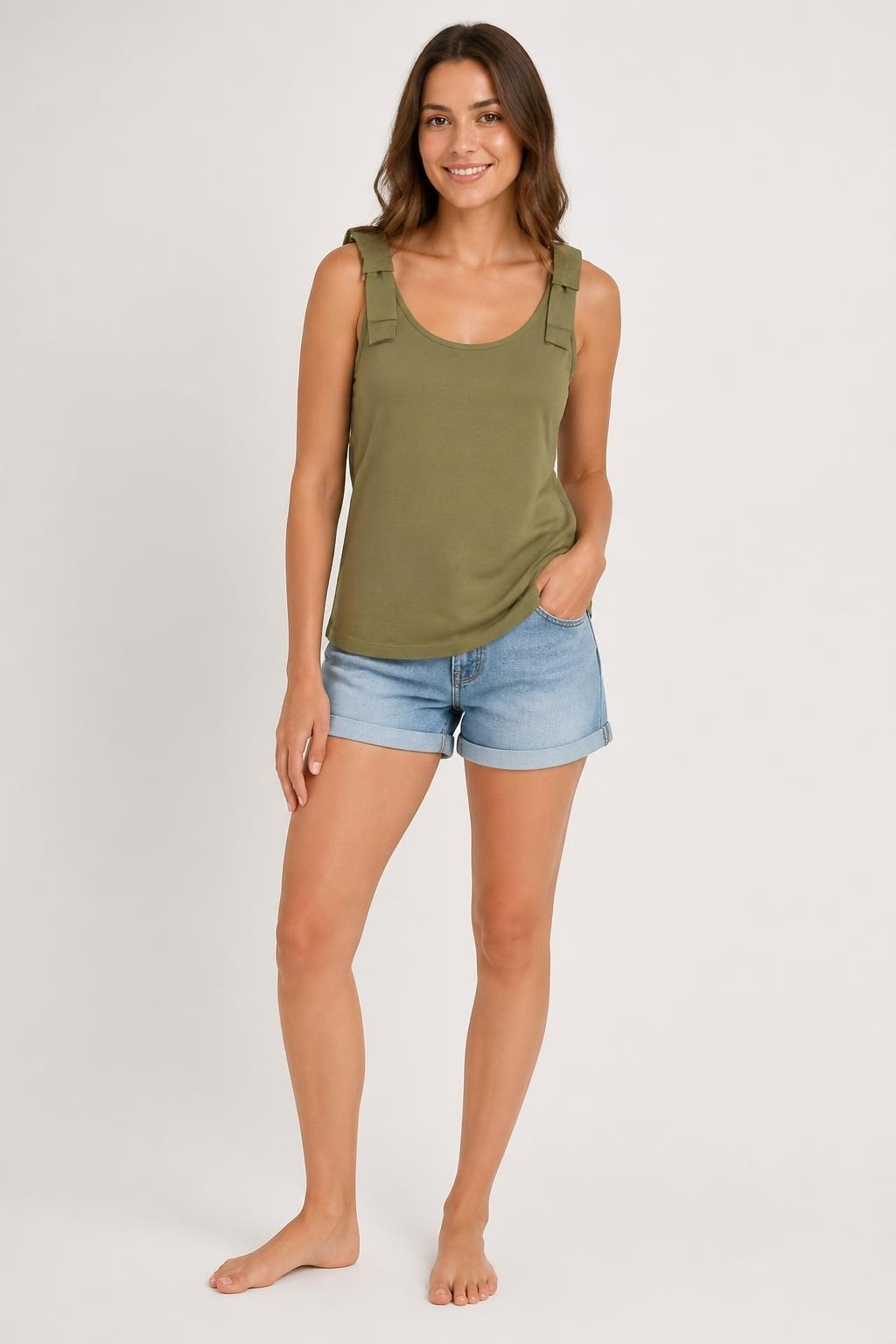 Olive Green Tank Top With Shoulder Bow Detail | Pre-Loved | Why Go Less