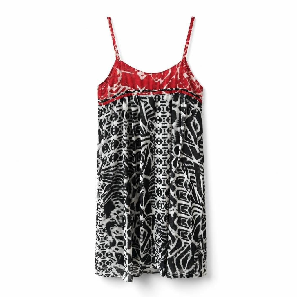 Tribal print spaghetti strap mini dress, red bodice - white studio shot, second-hand at Why Go Less, Dekwaneh, Lebanon