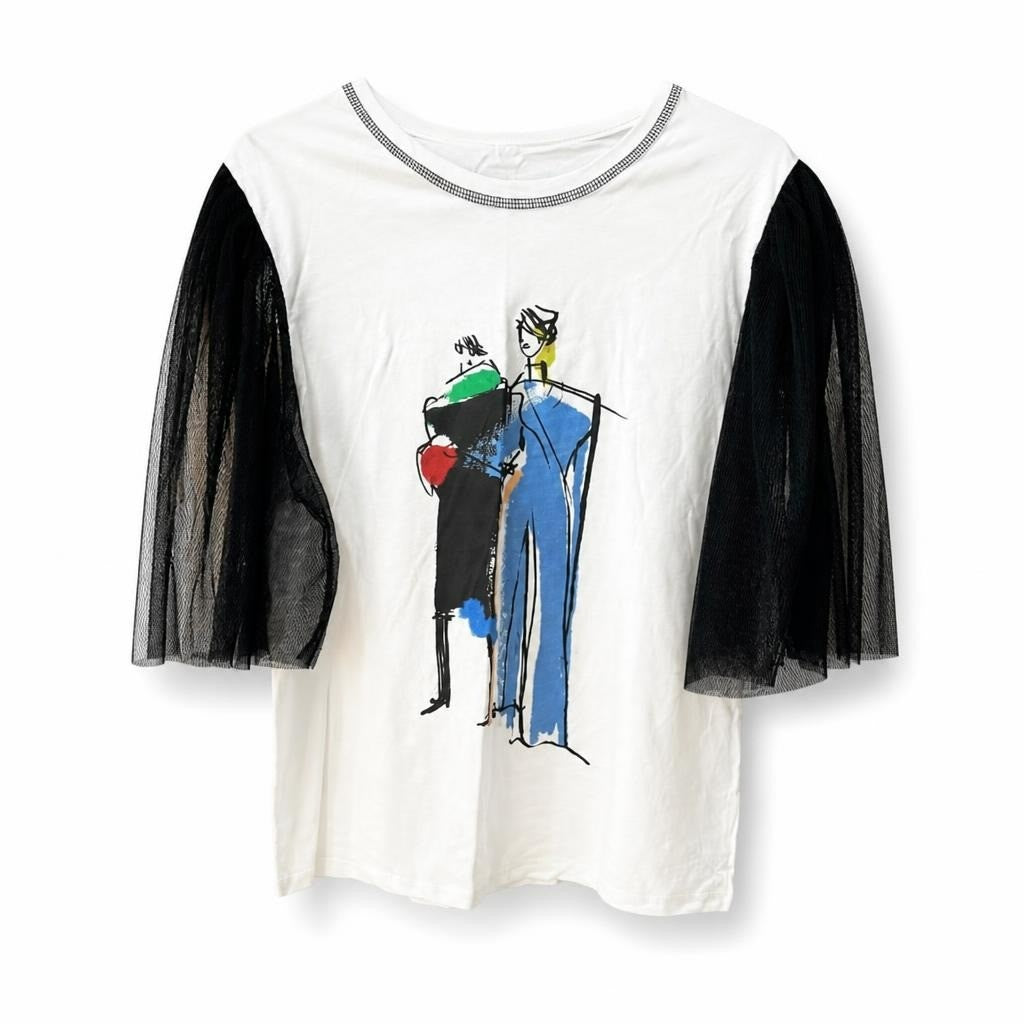 White graphic tee fashion illustration print - white studio shot, second-hand at Why Go Less, Dekwaneh, Lebanon