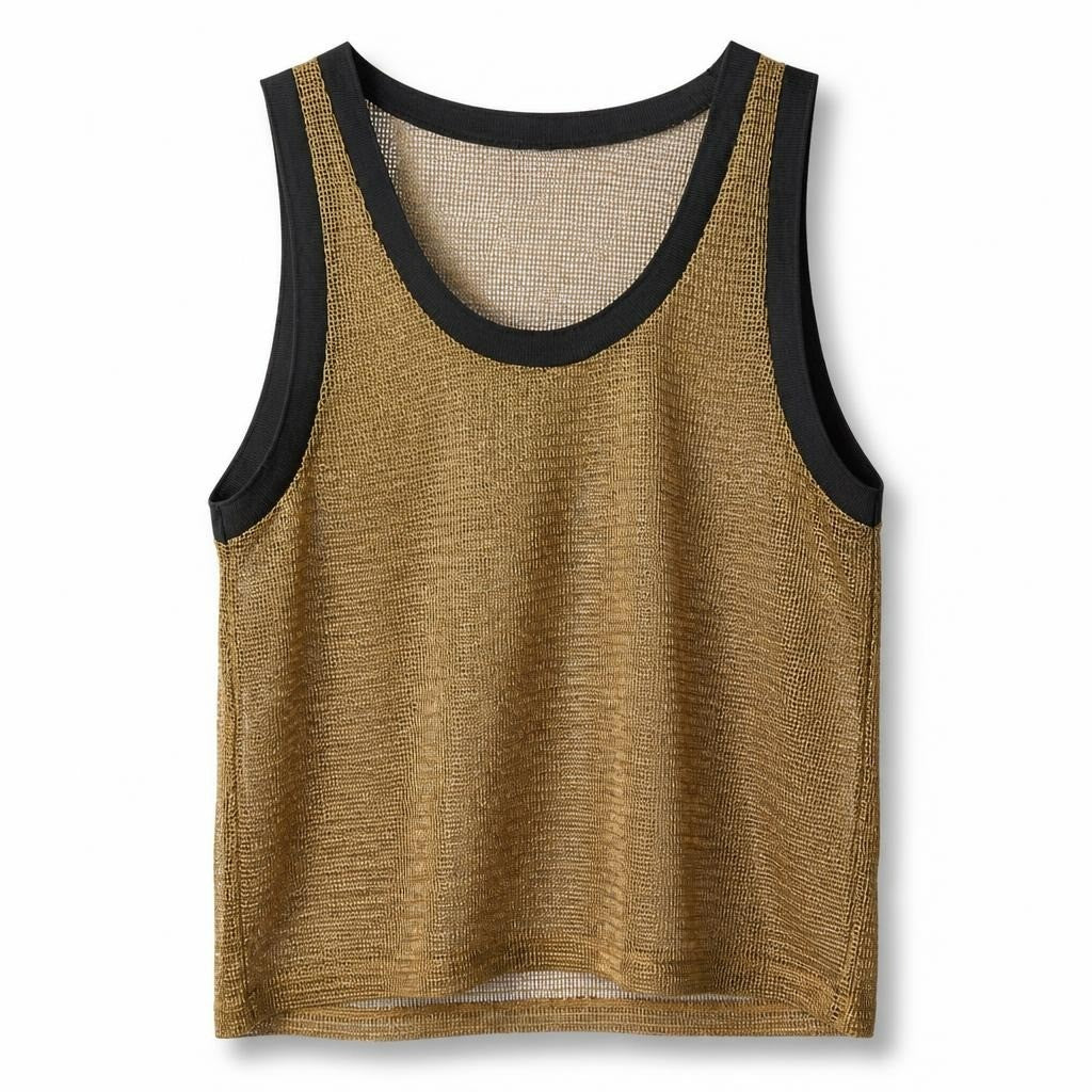 Zara gold mesh tank top black trim - white studio shot, second-hand at Why Go Less, Dekwaneh, Lebanon