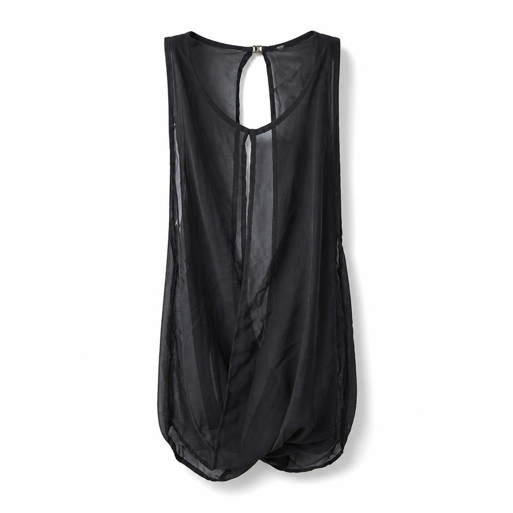 Black sheer mesh sleeveless long top - white studio shot, second-hand at Why Go Less, Dekwaneh, Lebanon