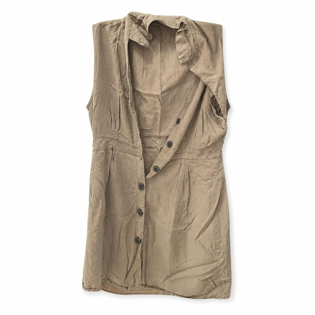 Khaki button-down hooded dress/jacket, olive tone - white studio shot, second-hand at Why Go Less, Dekwaneh, Lebanon