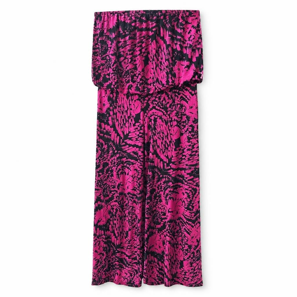 Pink & black abstract print wide-leg pants - white studio shot, second-hand at Why Go Less, Dekwaneh, Lebanon