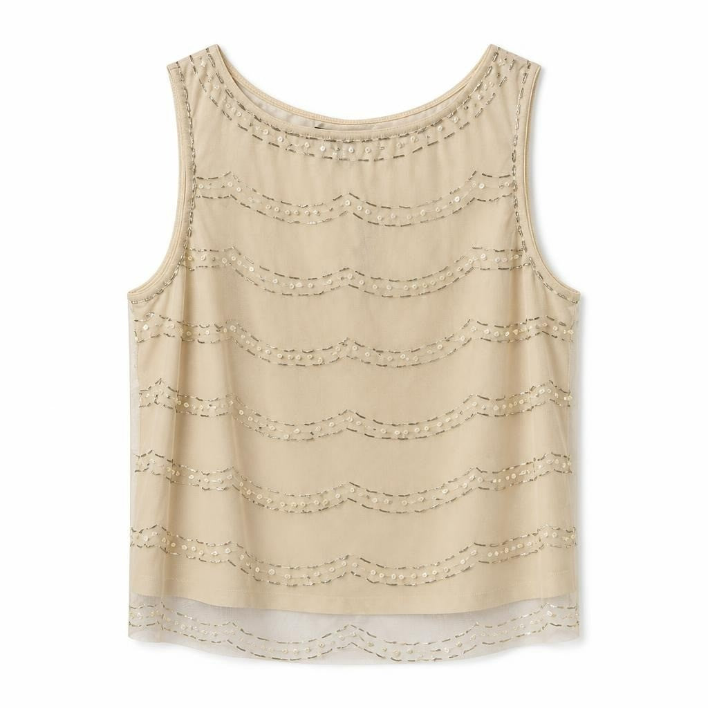 Cream mesh sleeveless top with pearl & bead detail - white studio shot, second-hand at Why Go Less, Dekwaneh, Lebanon
