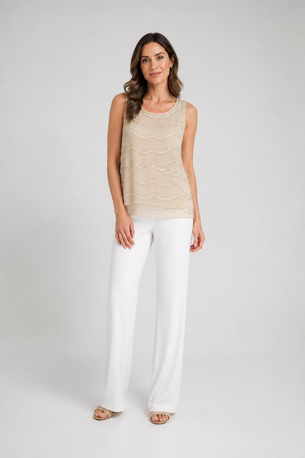 Cream Mesh Sleeveless Top With Pearl and Bead Detail | Pre-Loved | Why Go Less