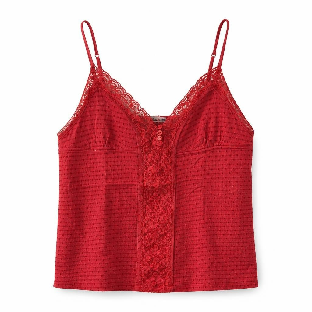 Red lace & eyelet cami top with spaghetti straps - white studio shot, second-hand at Why Go Less, Dekwaneh, Lebanon