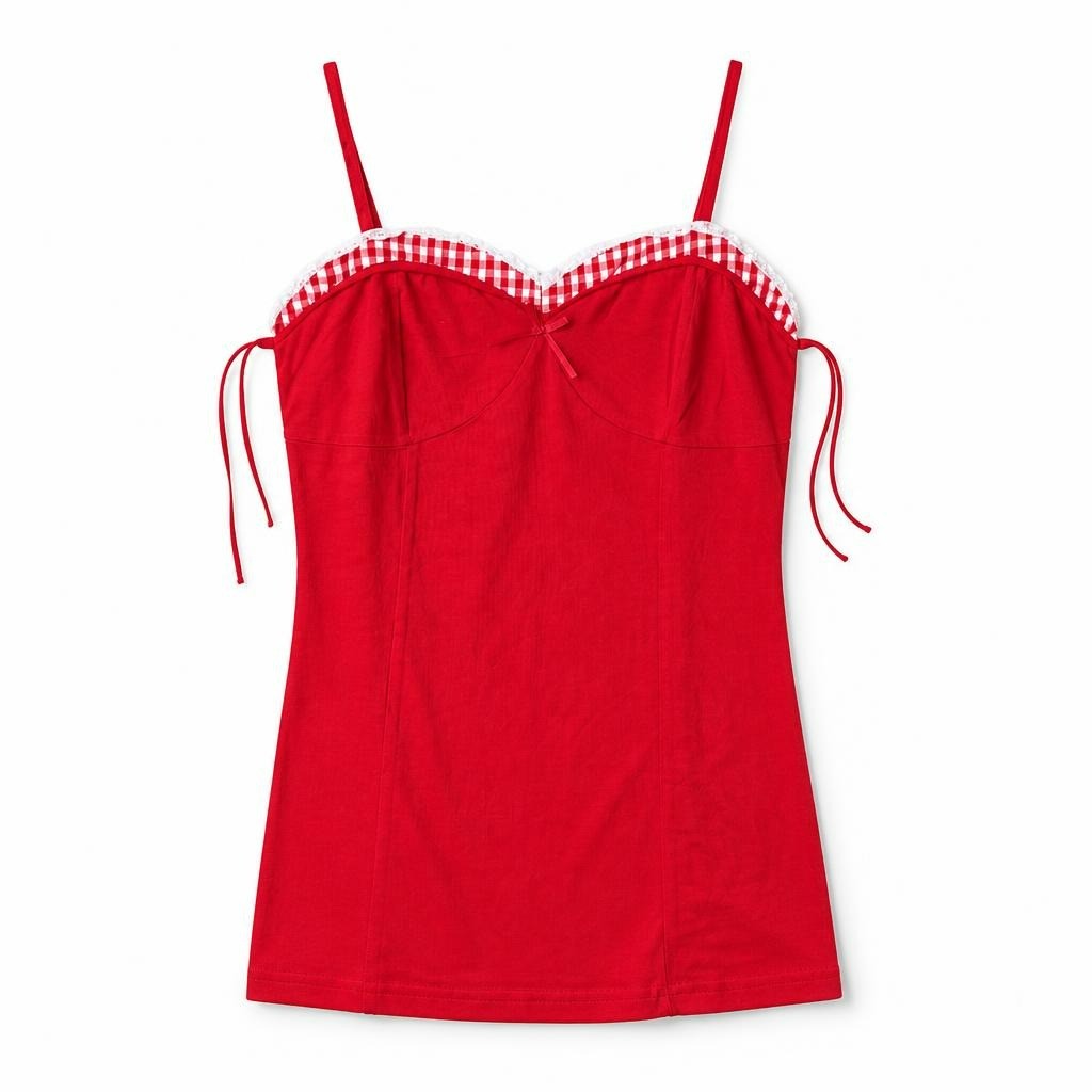 Red gingham trim spaghetti strap mini dress - white studio shot, second-hand at Why Go Less, Dekwaneh, Lebanon