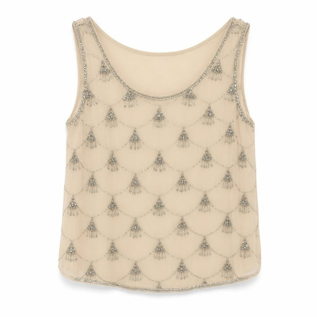 Beige sequin scallop embellished tank top NWT - white studio shot, second-hand at Why Go Less, Dekwaneh, Lebanon