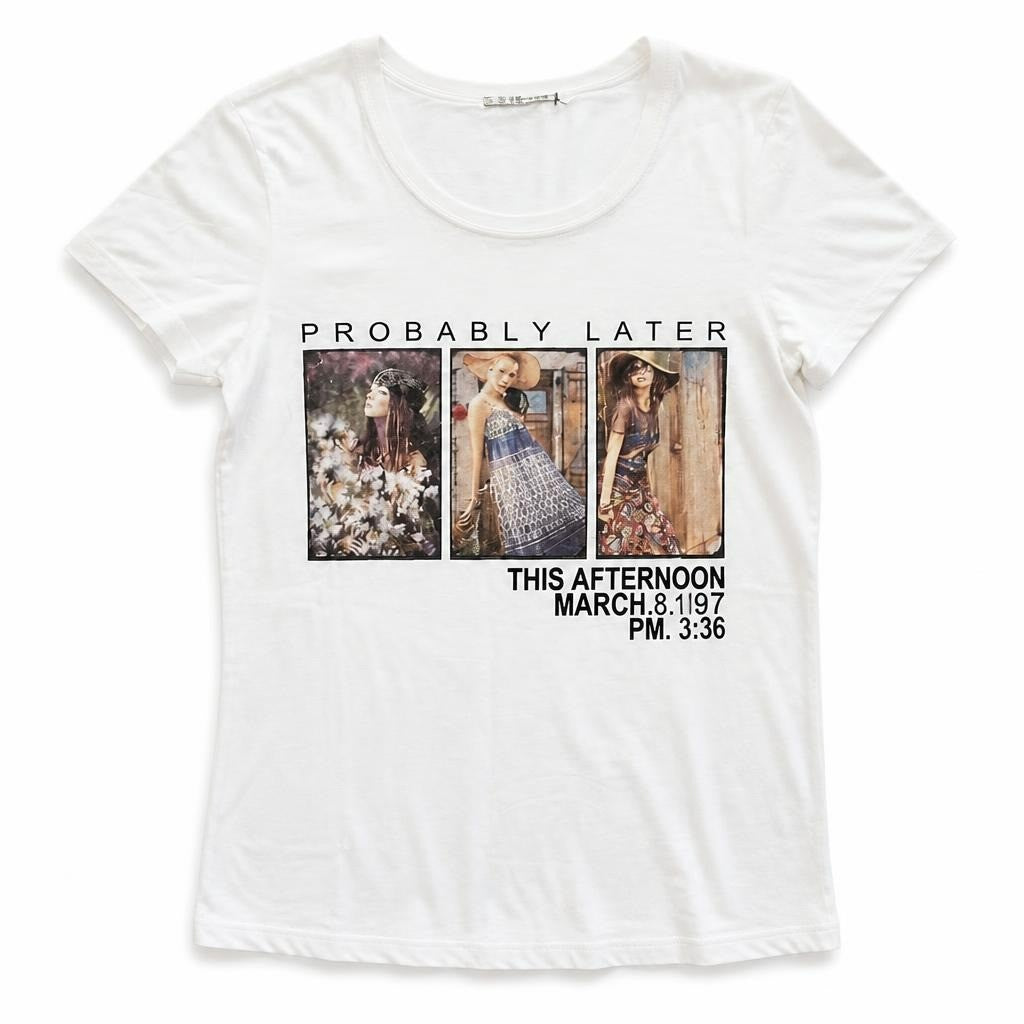 White graphic print t-shirt Probably Later slogan - white studio shot, second-hand at Why Go Less, Dekwaneh, Lebanon