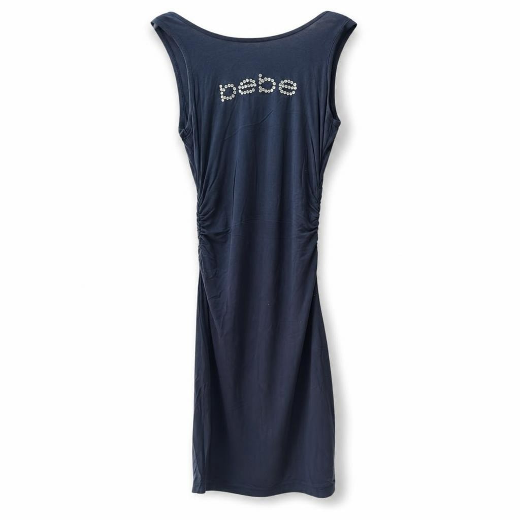 Bebe navy blue rhinestone logo ruched mini dress - white studio shot, second-hand at Why Go Less, Dekwaneh, Lebanon