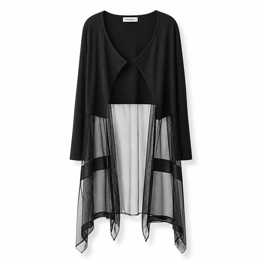 Black top with sheer mesh panel hem, no size - white studio shot, second-hand at Why Go Less, Dekwaneh, Lebanon