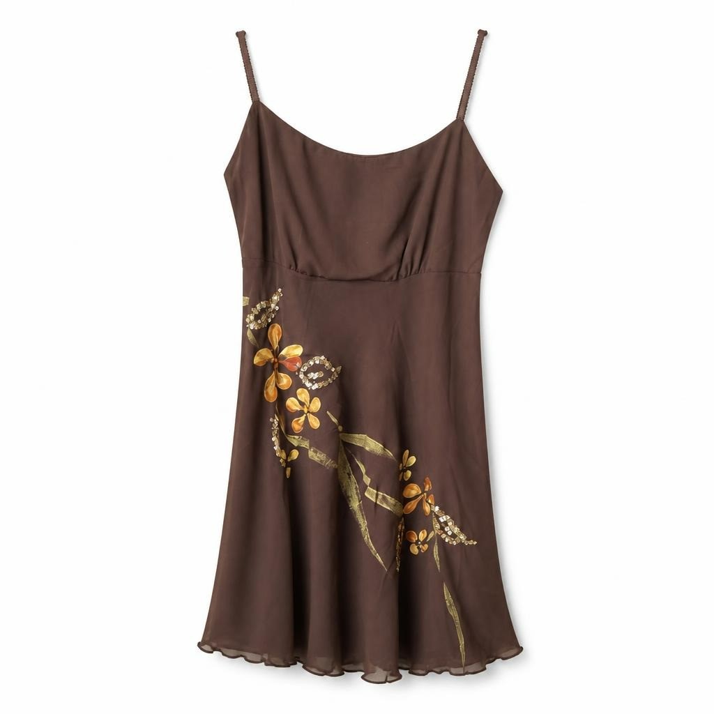 Brown chiffon slip dress, floral gold embroidery - white studio shot, second-hand at Why Go Less, Dekwaneh, Lebanon