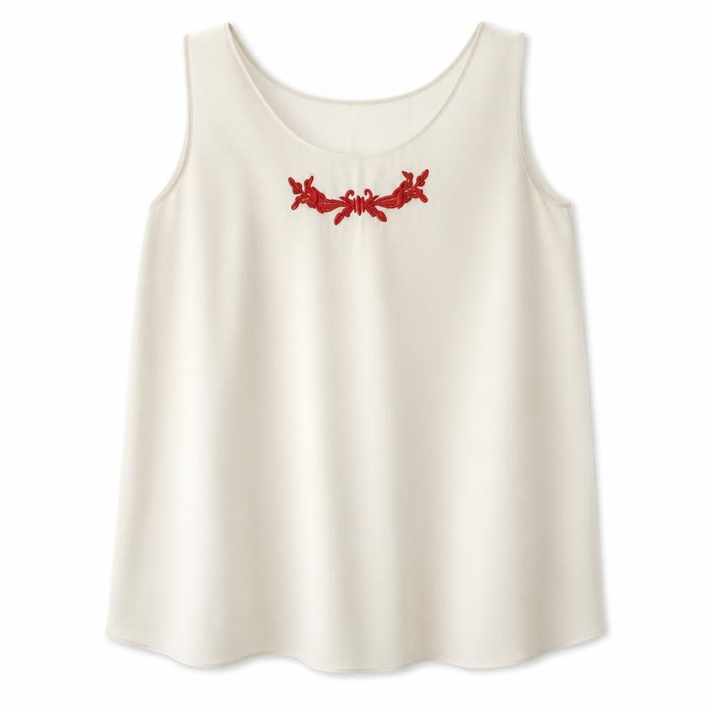 White sheer sleeveless top, red embroidery detail - white studio shot, second-hand at Why Go Less, Dekwaneh, Lebanon