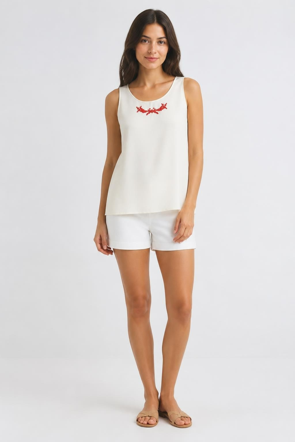 White Sheer Sleeveless Top, Red Embroidery Detail | Pre-Loved | Why Go Less