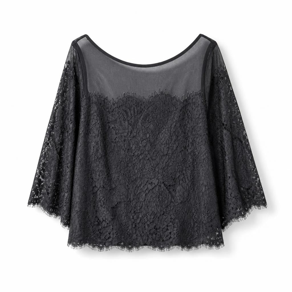 Black lace mesh long-sleeve blouse, floral lace - white studio shot, second-hand at Why Go Less, Dekwaneh, Lebanon