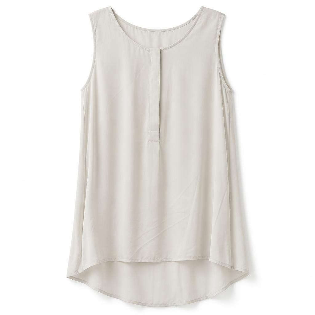 H&M beige sleeveless blouse, V-neckline, flowy - white studio shot, second-hand at Why Go Less, Dekwaneh, Lebanon