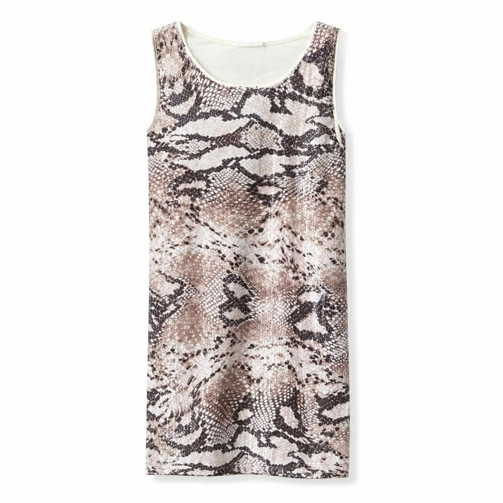 Snakeskin print sleeveless midi dress, neutral tones - white studio shot, second-hand at Why Go Less, Dekwaneh, Lebanon