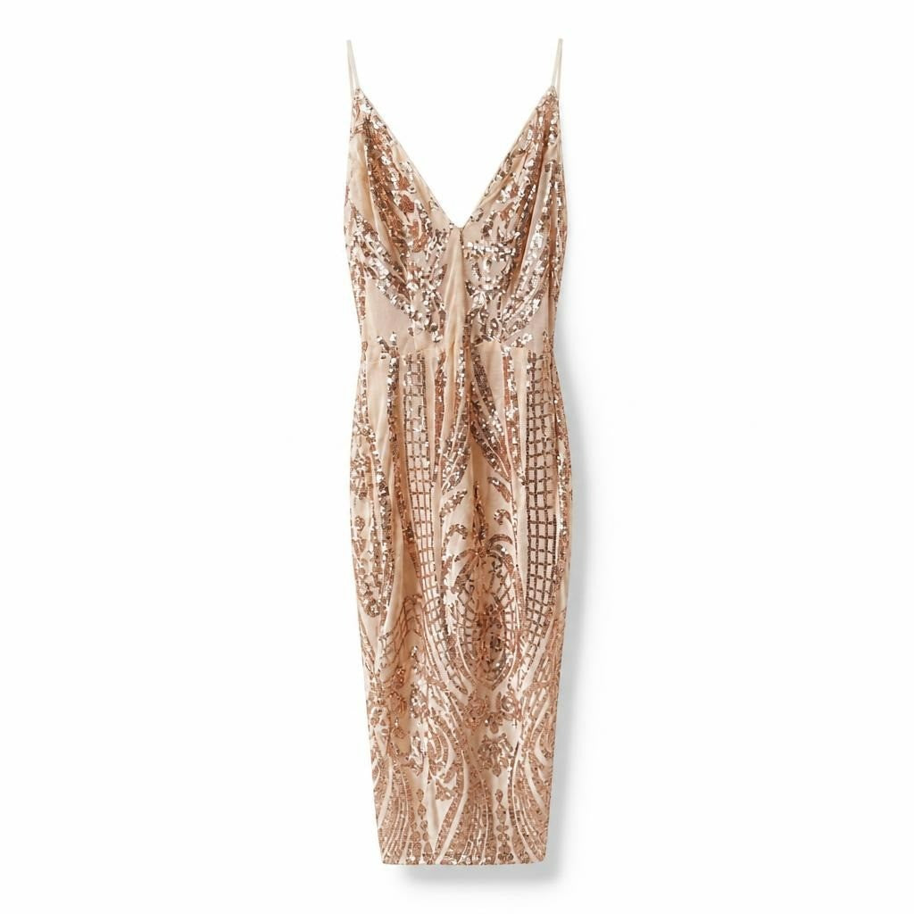 Rose Gold Sequin Embellished Mini Dress, S/M - white studio shot, second-hand at Why Go Less, Dekwaneh, Lebanon