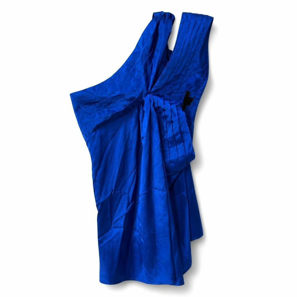 Royal Blue Satin One-Shoulder Wrap Dress, M - white studio shot, second-hand at Why Go Less, Dekwaneh, Lebanon