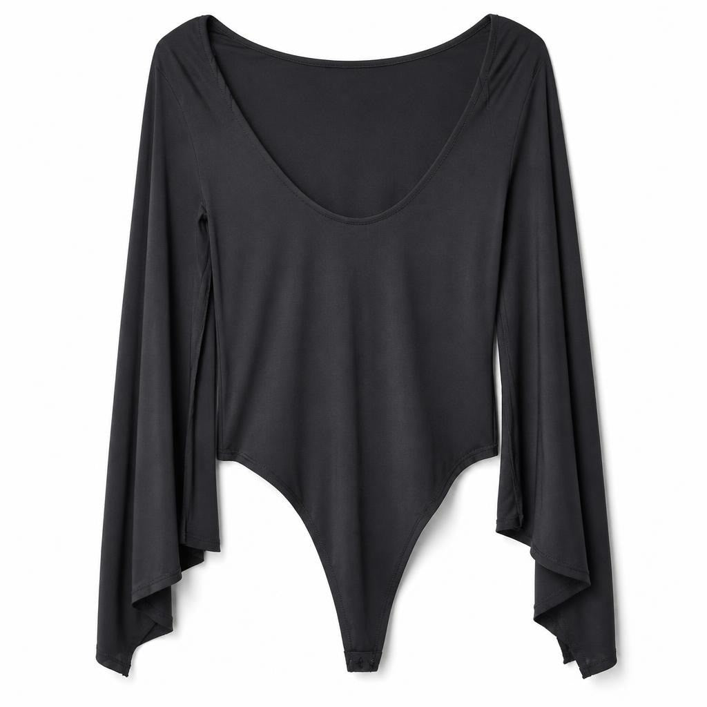Black Long-Sleeve Sheer Bodysuit, M/L - white studio shot, second-hand at Why Go Less, Dekwaneh, Lebanon