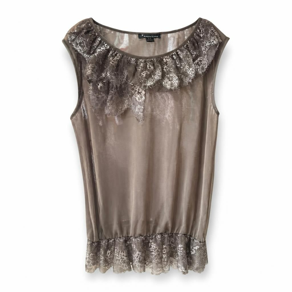 Taupe Shimmer Lace-Trim Blouson Dress, M - white studio shot, second-hand at Why Go Less, Dekwaneh, Lebanon