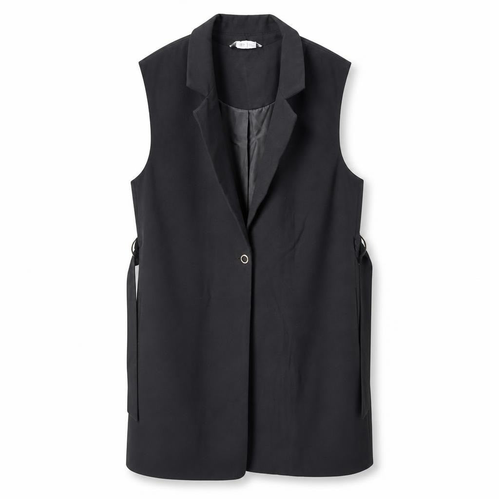 Black sleeveless blazer vest, single button, no size - white studio shot, second-hand at Why Go Less, Dekwaneh, Lebanon
