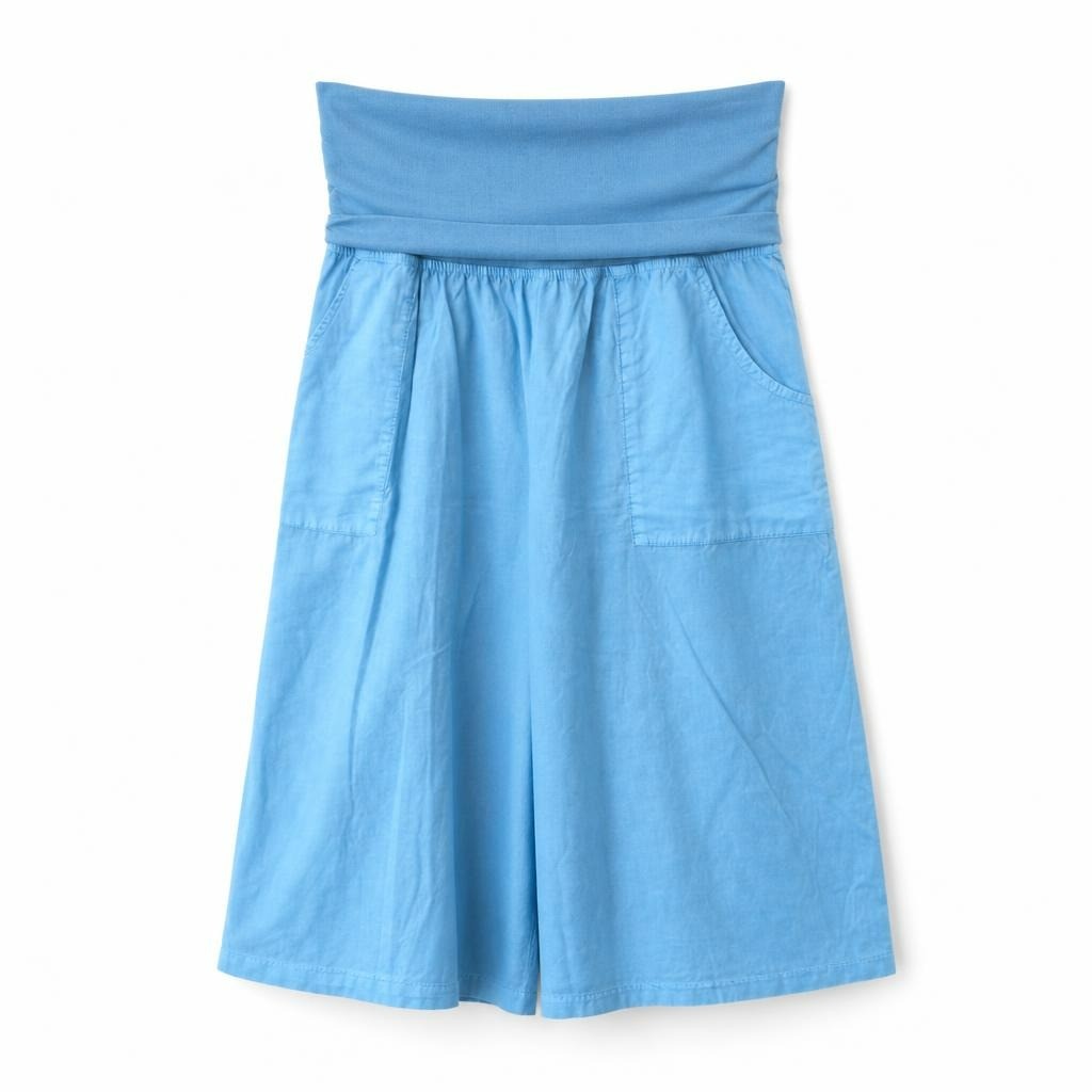 Blue fold-over waist midi skirt with pockets, XL - white studio shot, second-hand at Why Go Less, Dekwaneh, Lebanon