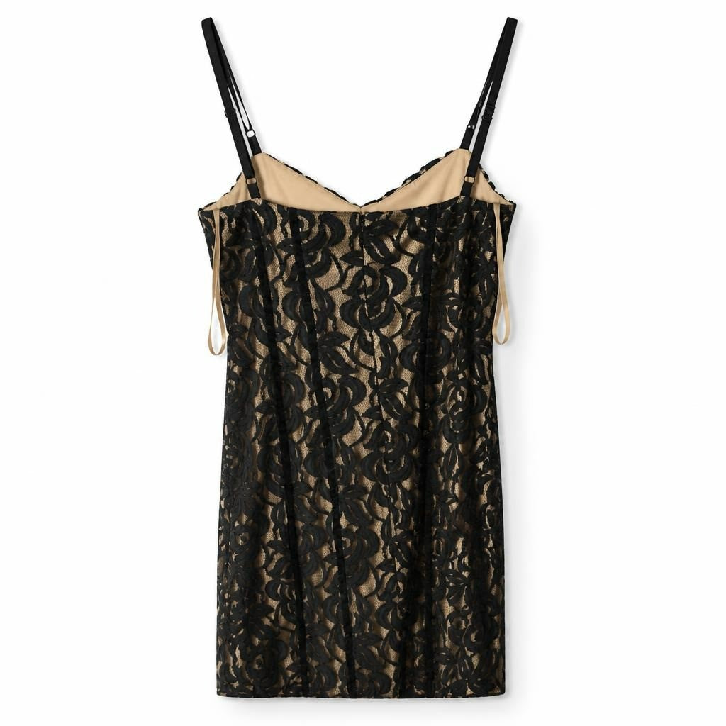 Black lace over nude slip dress, spaghetti strap - white studio shot, second-hand at Why Go Less, Dekwaneh, Lebanon