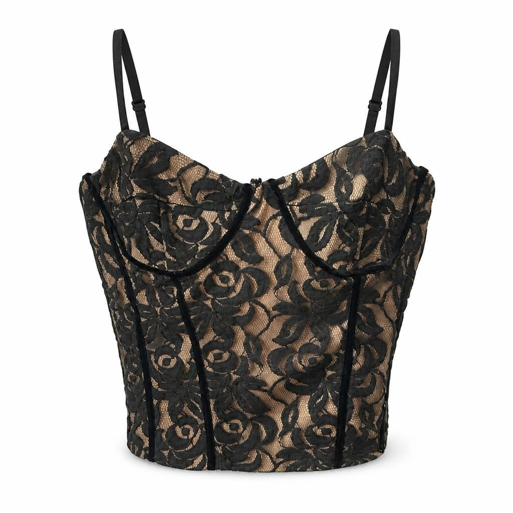 Black lace corset bustier top, nude lining - white studio shot, second-hand at Why Go Less, Dekwaneh, Lebanon