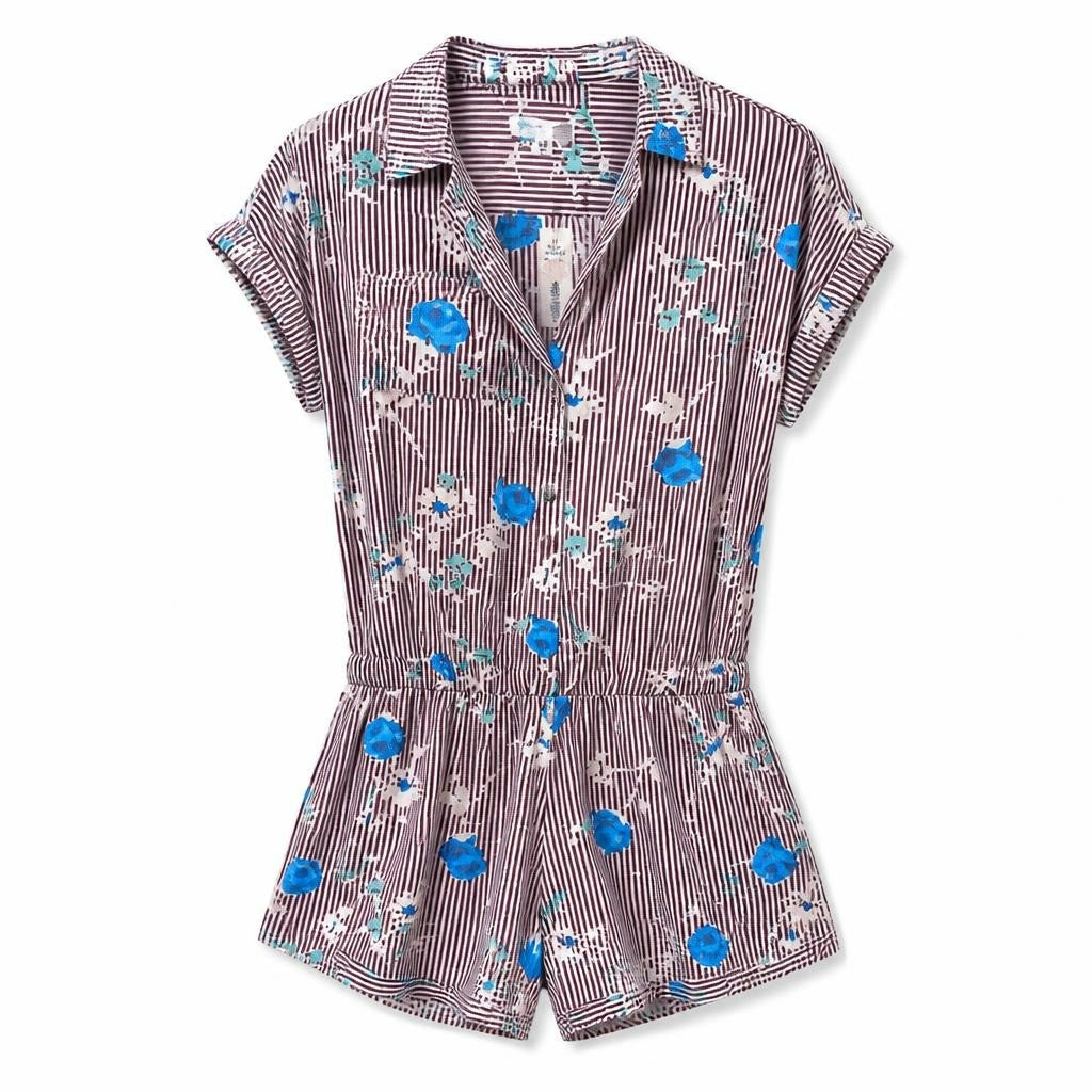 Striped floral print shirt dress, burgundy/blue, M-L - white studio shot, second-hand at Why Go Less, Dekwaneh, Lebanon