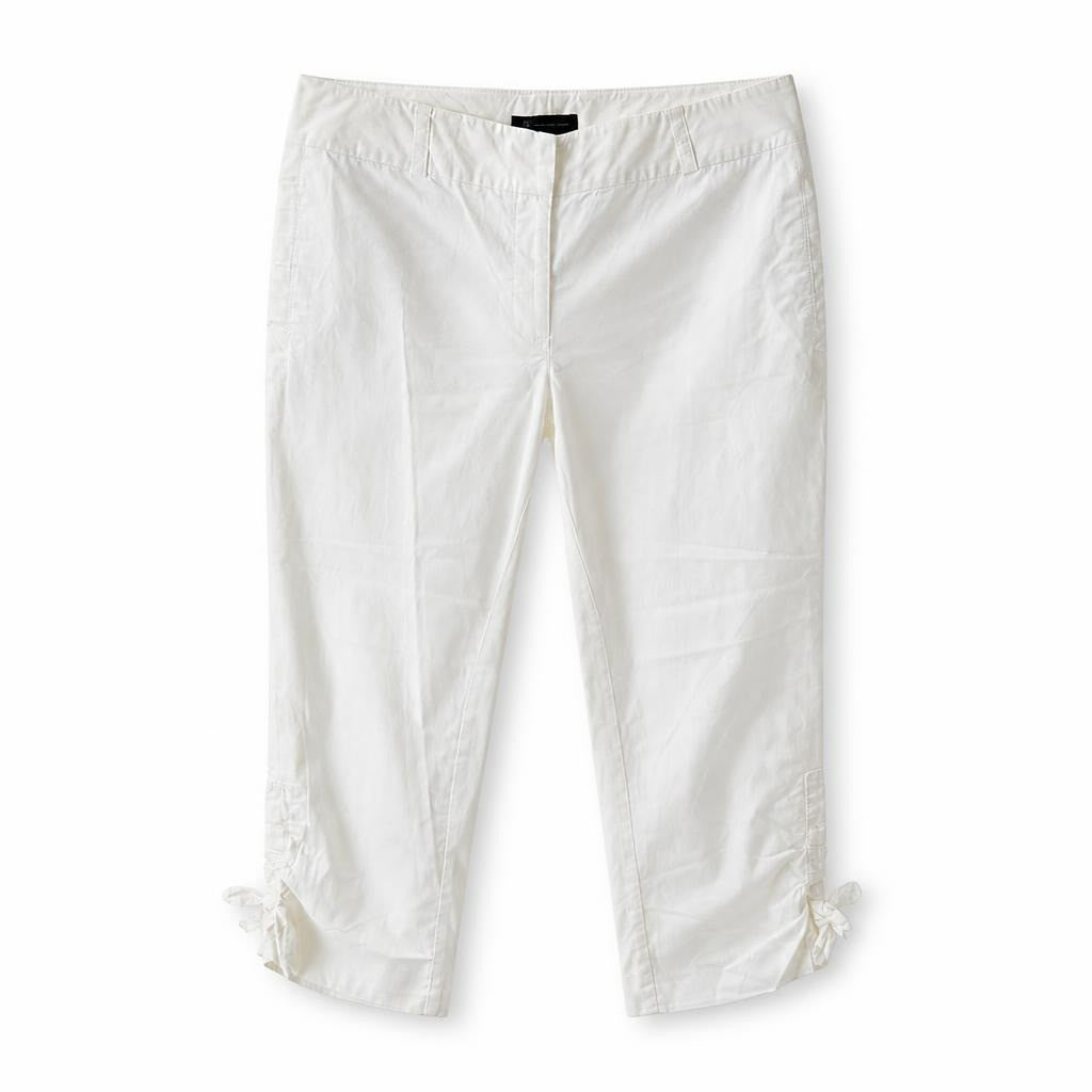 White cropped capri pants with tie hem detail, M - white studio shot, second-hand at Why Go Less, Dekwaneh, Lebanon
