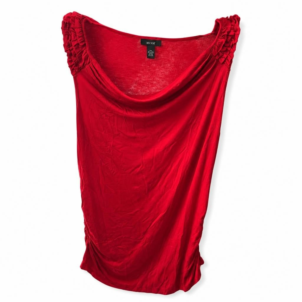 Alfani Red Cowl Neck Ruched Shoulder Top - white studio shot, second-hand at Why Go Less, Dekwaneh, Lebanon
