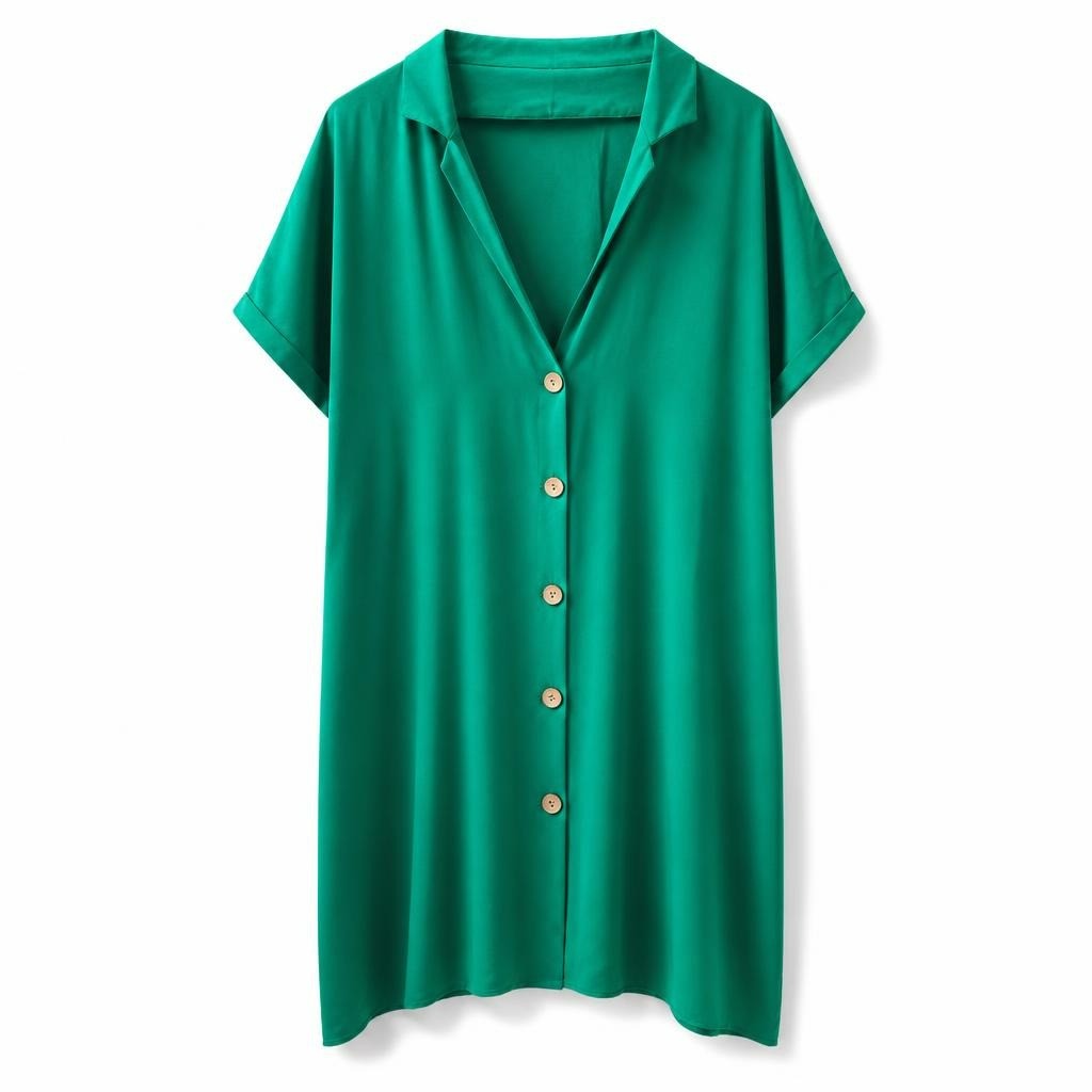 Green short-sleeve button-down dress, no size - white studio shot, second-hand at Why Go Less, Dekwaneh, Lebanon
