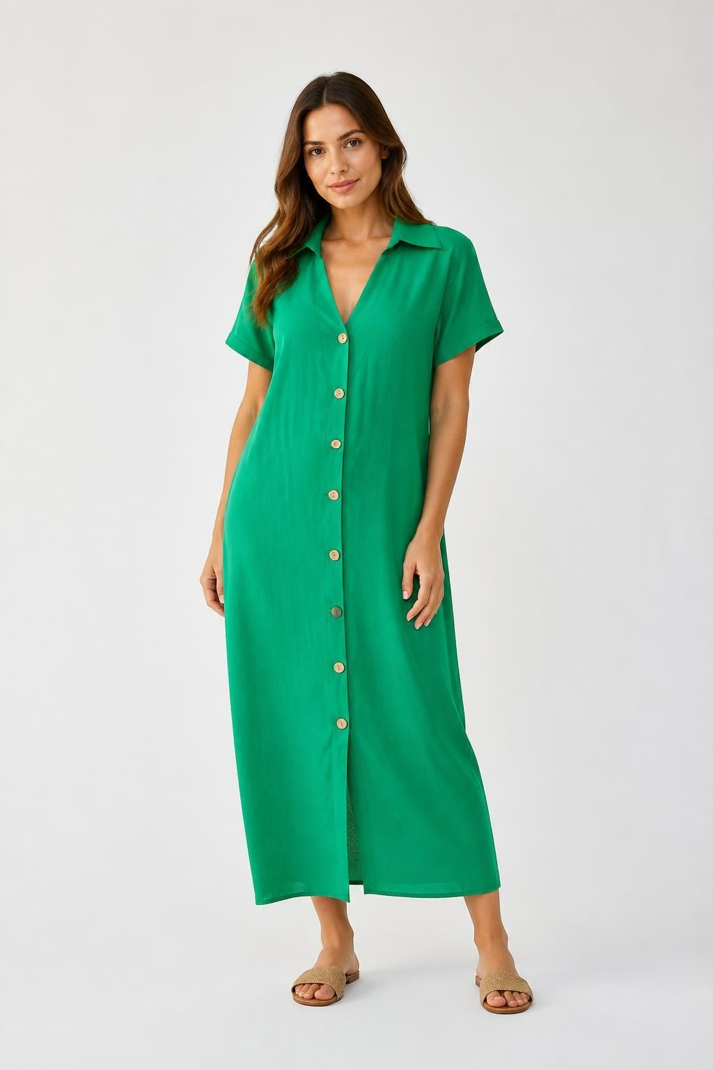 Green Short-sleeve Button-down Dress, No Size | Pre-Loved | Why Go Less