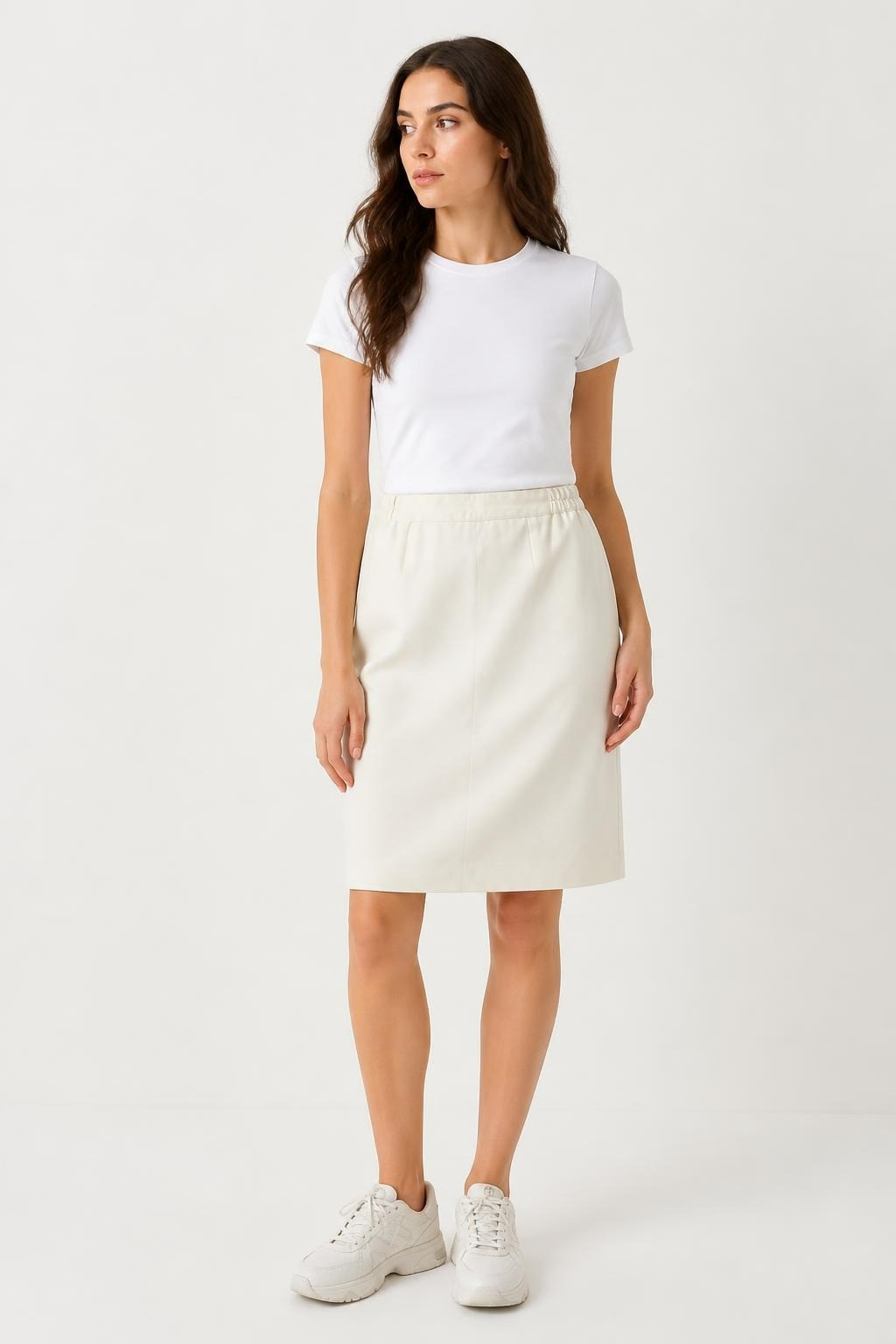 Cream Leather-Look Elastic Waist Midi Skirt | Pre-Loved | Why Go Less-1