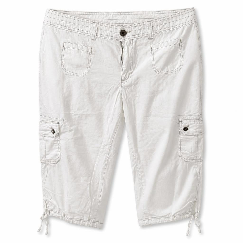 White Cargo Capri Pants with Drawstring Hem - white studio shot, second-hand at Why Go Less, Dekwaneh, Lebanon