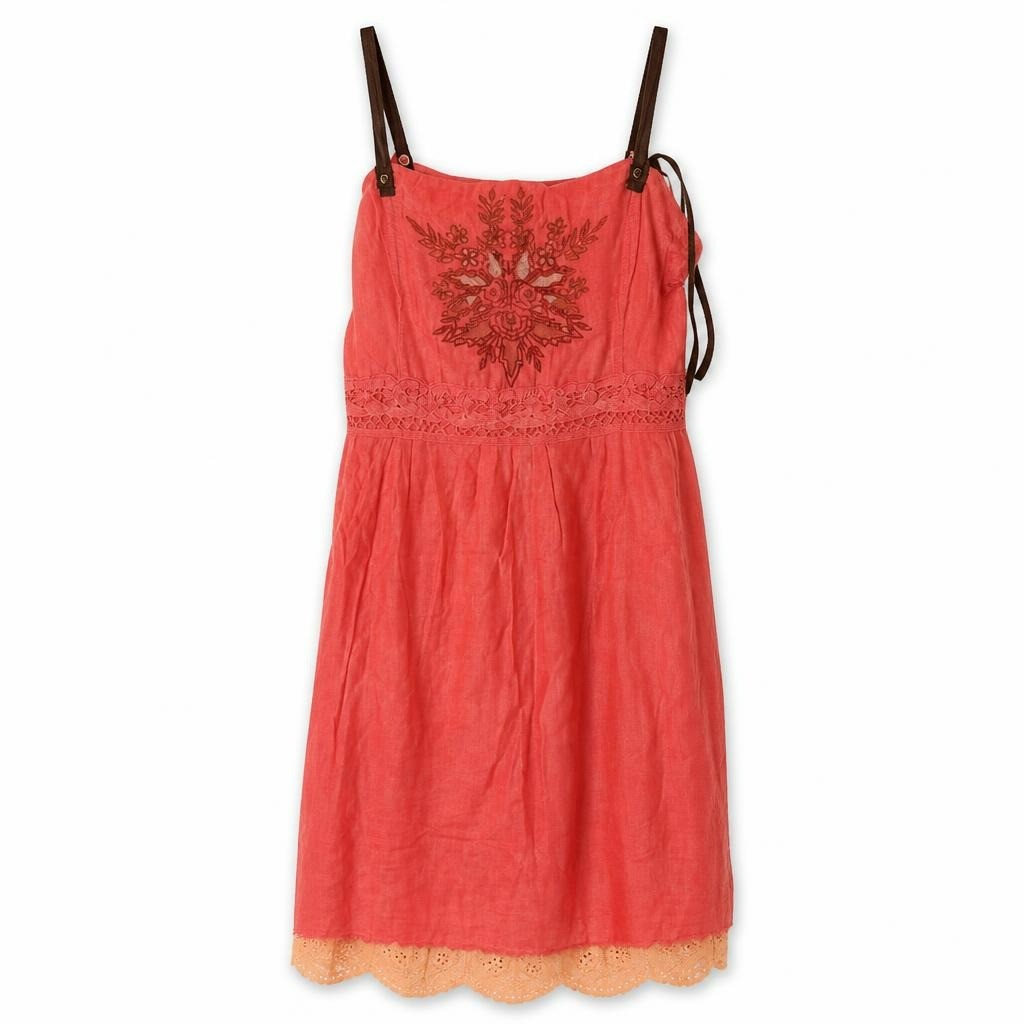 Coral embroidered spaghetti-strap mini dress - white studio shot, second-hand at Why Go Less, Dekwaneh, Lebanon