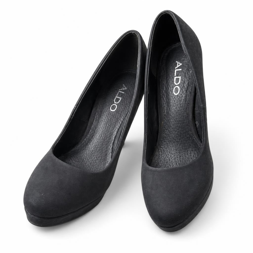 ALDO black platform court heels - white studio shot, second-hand at Why Go Less, Dekwaneh, Lebanon