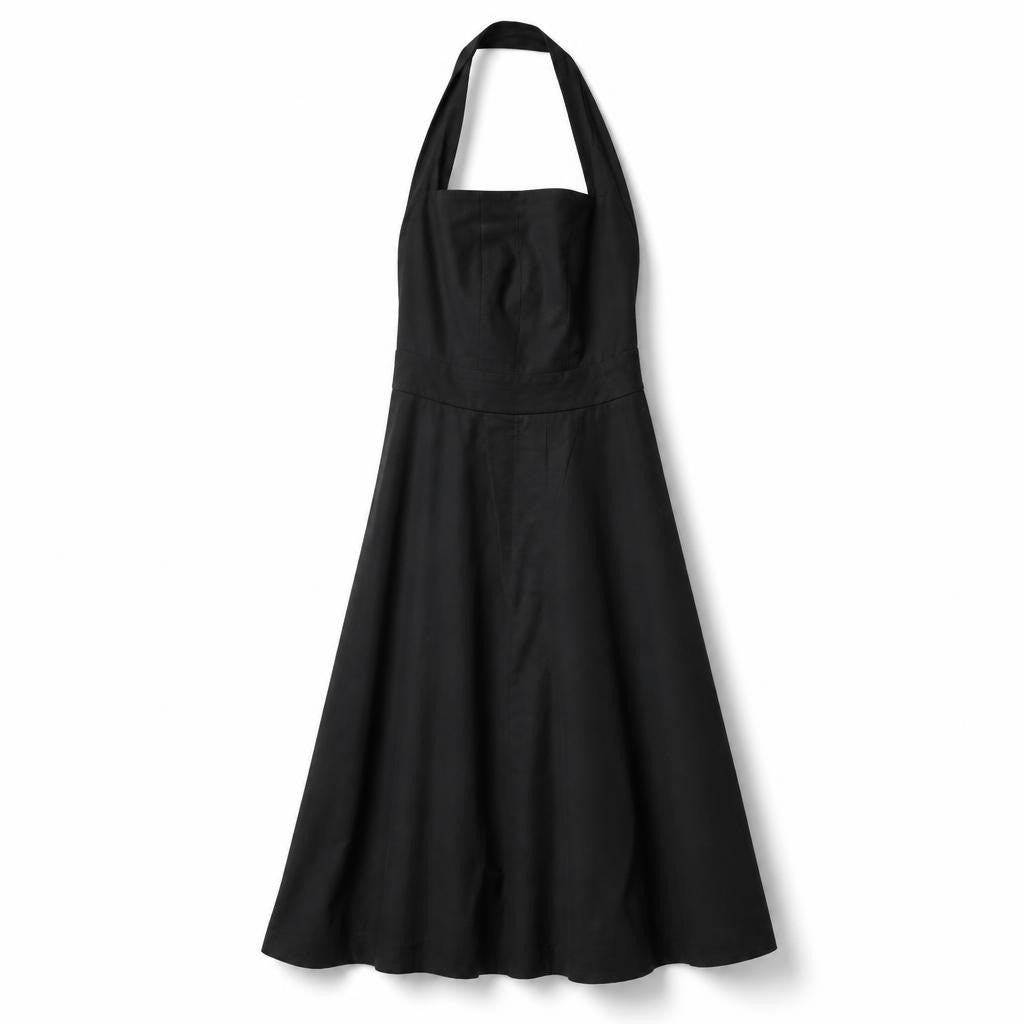 Black halter-neck midi flare dress - white studio shot, second-hand at Why Go Less, Dekwaneh, Lebanon