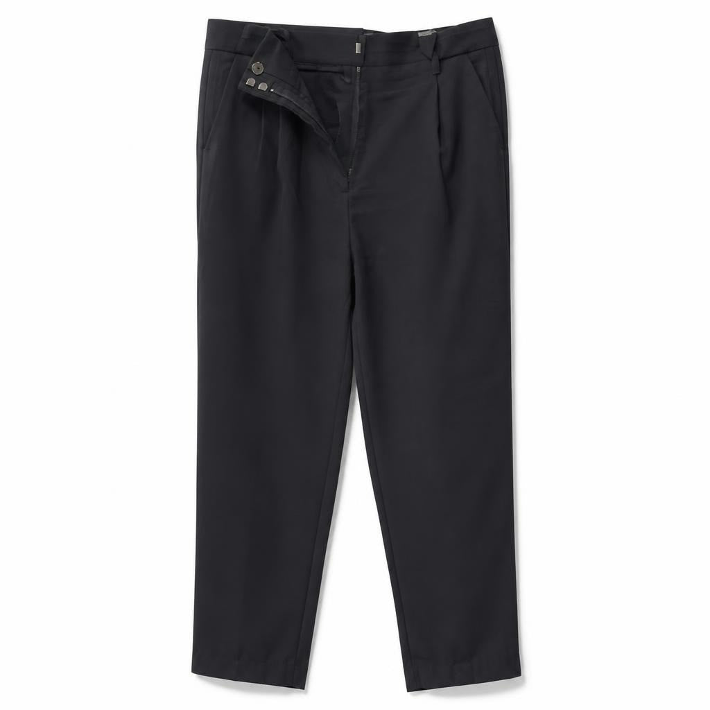 Black tailored high-waist tapered trousers - white studio shot, second-hand at Why Go Less, Dekwaneh, Lebanon