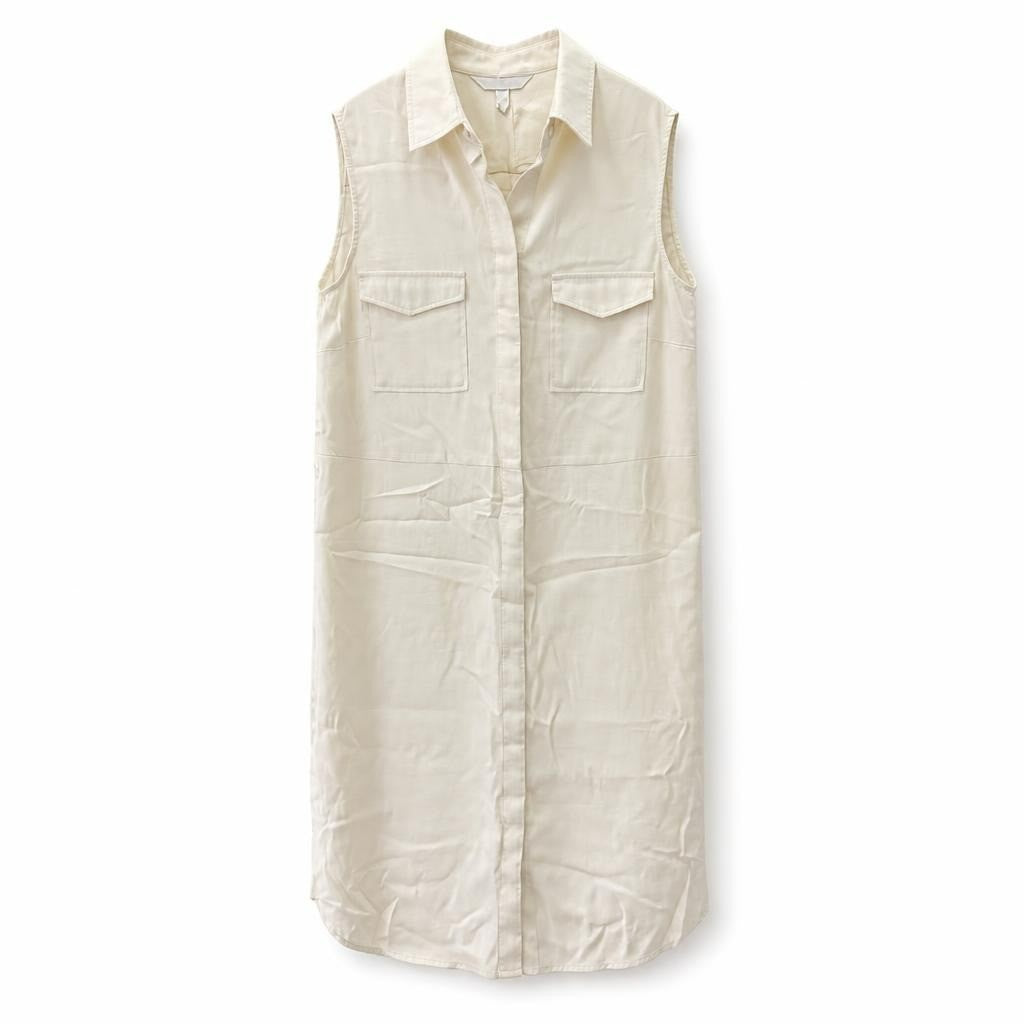 White sleeveless shirt dress, utility pockets - white studio shot, second-hand at Why Go Less, Dekwaneh, Lebanon
