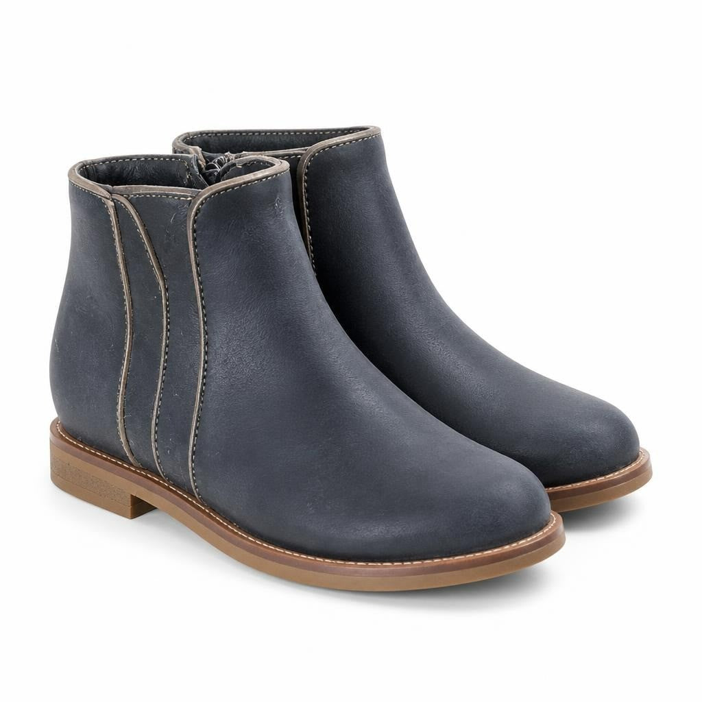 Navy blue ankle boots with gold trim detail - white studio shot, second-hand at Why Go Less, Dekwaneh, Lebanon