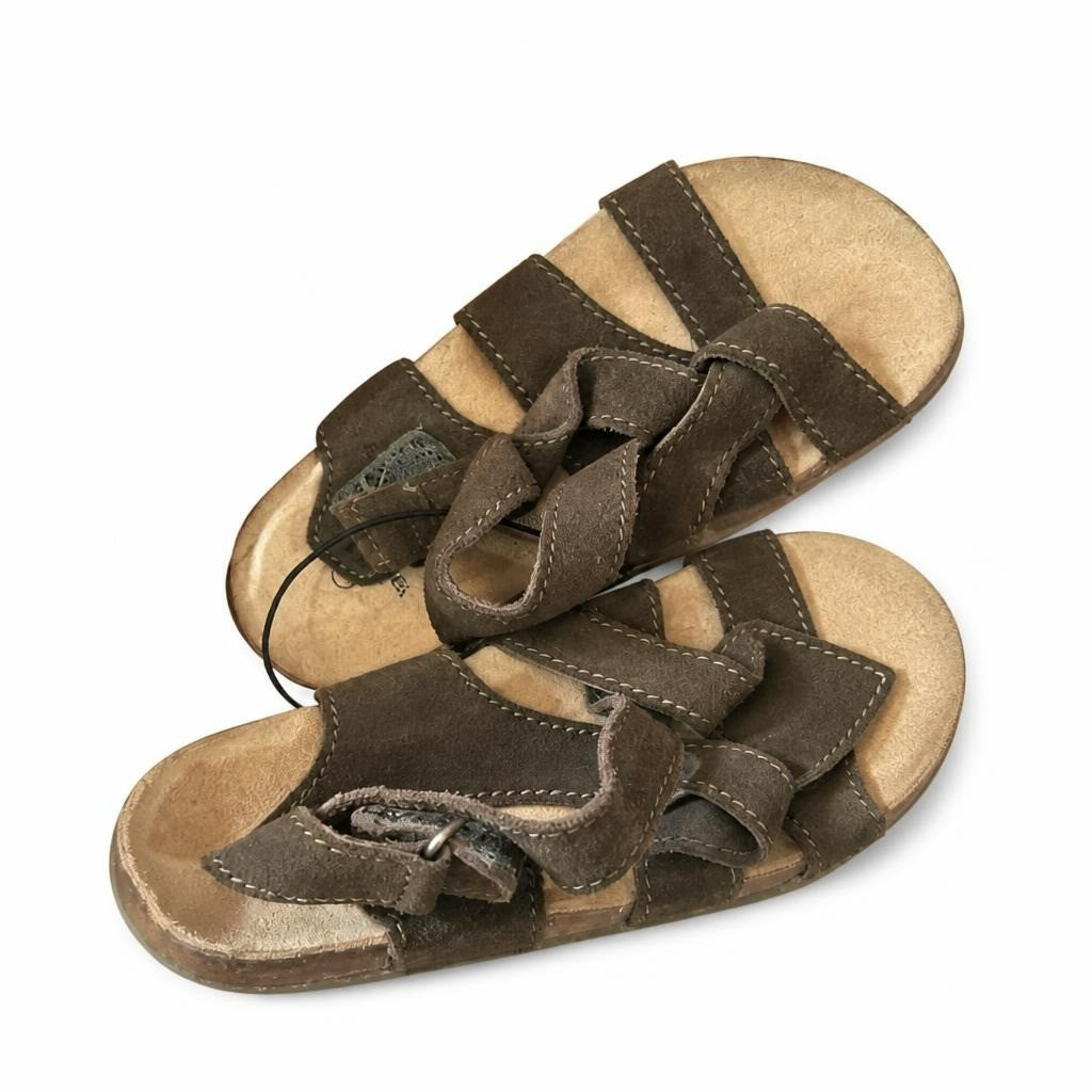 Olive green suede multi-strap sandals with tags - white studio shot, second-hand at Why Go Less, Dekwaneh, Lebanon