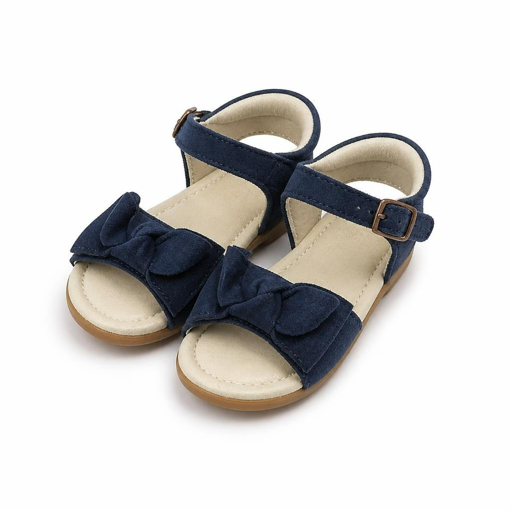 Navy blue suede bow baby sandals with tags - white studio shot, second-hand at Why Go Less, Dekwaneh, Lebanon