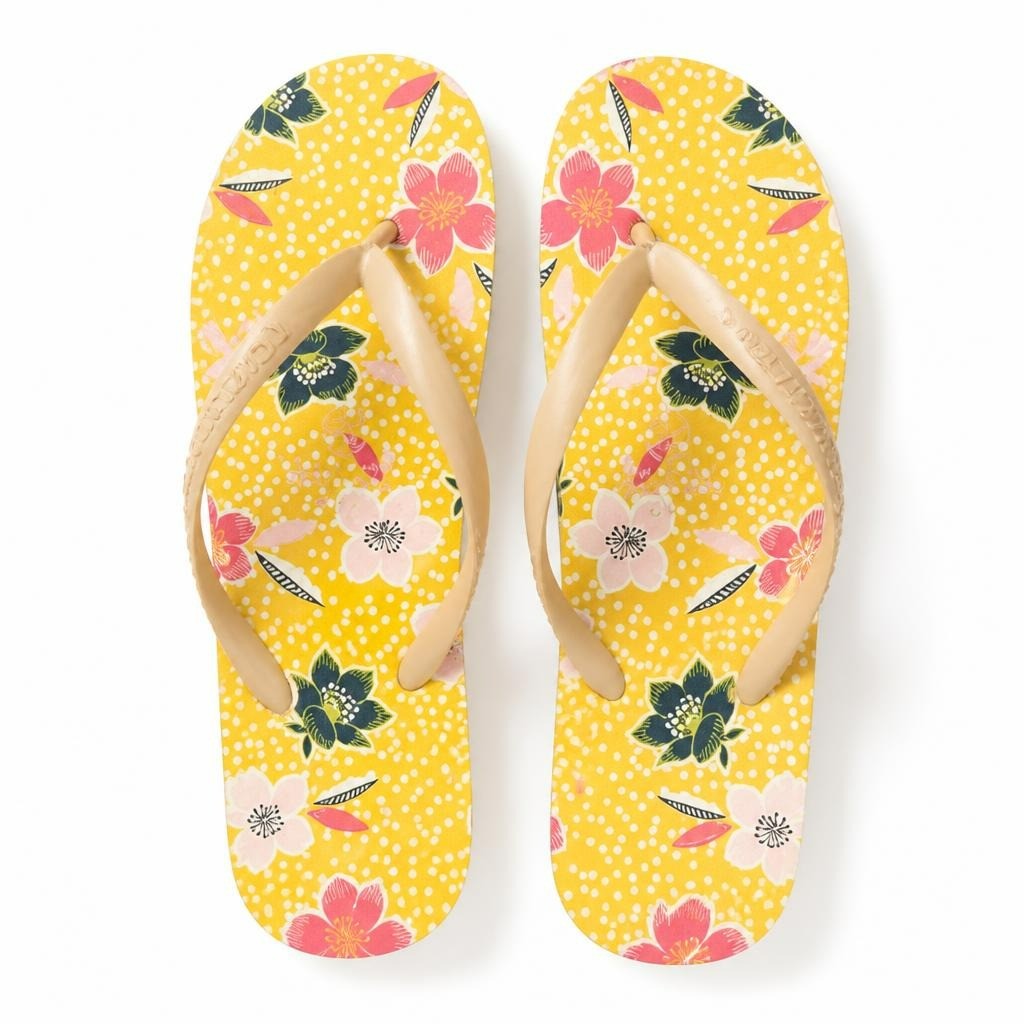 Floral Yellow Flip Flops – Summer Sandals - white studio shot, second-hand at Why Go Less, Dekwaneh, Lebanon