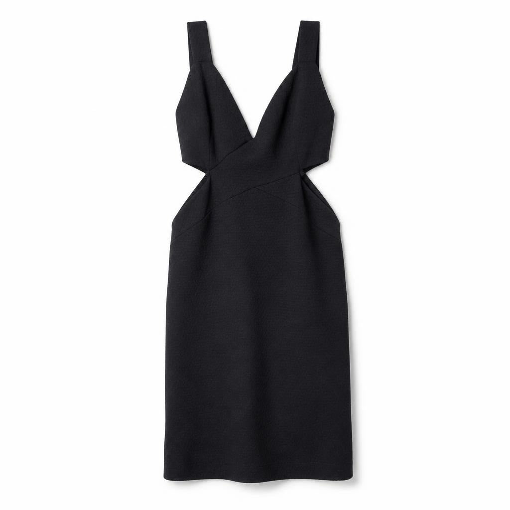Black V-Neck Sleeveless Midi Dress - white studio shot, second-hand at Why Go Less, Dekwaneh, Lebanon