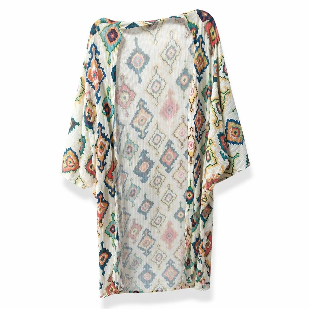 Colorful ikat print sheer kimono/cover-up - white studio shot, second-hand at Why Go Less, Dekwaneh, Lebanon