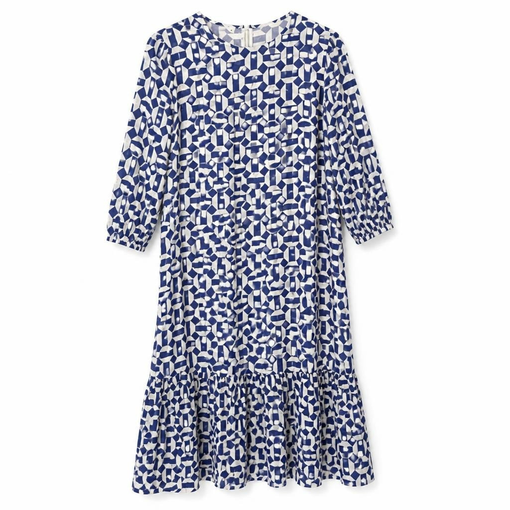 Blue white geometric print long-sleeve dress - white studio shot, second-hand at Why Go Less, Dekwaneh, Lebanon